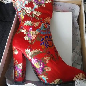 Printed over the knee high heel boots